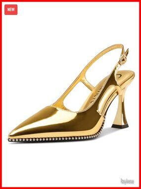 Slingback Chunky High Heels Pointed Toe Beaded Dressy Pumps 3.5 Inch